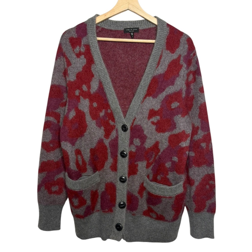 Rag & Bone Mohair Alpaca Wool Silk Leopard Print Cardigan Sweater XS Maximalist